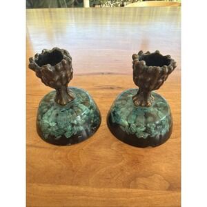 Vintage MCM Resin‎ Malachite Chip Candlestick Holders w Metal Candle Cups – Pair